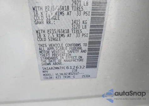 2015 Nissan Pathfinder S z USA, uszkodzony, nr VIN 5N1AR2MN7FC612632